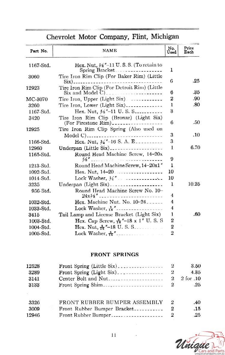 1912 Chevrolet Light and Little Six Parts Price List Page 45